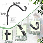 Qiang Ni Bird Feeder Hanger: 12-Inch Wall-Mounted Plant Bracket Outdoor - 4 Pieces Black Plant Hooks for Hanging Flower Baskets