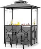 Tangkula 3-Piece Patio Bar Set, Grill Gazebo & 2 Bar Stools with Tempered Glass Bar Table, Metal Storage Shelves, Glass Holders, Double-Tier Soft Top Canopy BBQ Gazebo Shelter for Patio Garden (Grey)