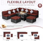 NICESOUL Backyard Furniture Set with Firepits Natural Gas/Propane, 9 Seater XL Oversized Wicker Sectional Couches, 29.3'' High Back Comfy Deep Wide Outdoor Patio Sofa Set, 2 Color Cushion Red & Gray