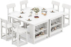 SERWALL 8-Piece HDPE Counter Height Dining Table Sets with Storage and Wine Rack, 2 Rectangular Bar Table with Bar Stools Set of 6 for Garden, Backyard, Kitchen, White
