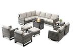Patio Sectional Furniture Set with Fire Pit Table: 10 Pieces Wicker Patio Conversation Set with L Shaped Sofa, Outdoor Swivel Glider Rocker, Rattan Club Chairs, Ottomans, Removable Cushions Beige