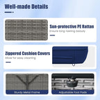 Tangkula Patio Rattan Daybed with 4-Level Adjustable Backrest, Outdoor PE Wicker Loveseat with Storage Ottoman & Folding Side Table, Double Sunbed for Balcony, Backyard & Poolside, Navy & Grey