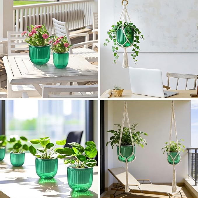 6 Pack Self Watering Hanging Planters Indoor Flower Pots(4.5"+6.5") Visible Water Level Markers 3 Hanging Ropes with Drainage Holes for Indoor Outdoor Garden Home Decor Supplies(Emerald)