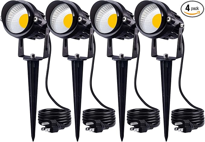 SUNVIE 120V Spot Lights Outdoor LED Landscape Lighting 12W AC Spotlights for Yard Waterproof Landscape Spotlight with Spiked Stake for Tree Garden Pathway Warm White Flag Lights US 3-Plug in, 4 Pack
