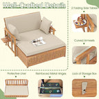 Tangkula Outdoor Acacia Wood Daybed with Storage Ottoman, Wood Patio Loveseat Sofa with 4-Level Backrest & Removable Cushions, 2 Folding Side Tables, Patio Recliner Lounger for Poolside, Backyard