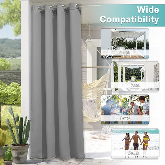 NICETOWN Patio Curtain Outdoor Waterproof, Thermal Insulated Rustproof Blackout Privacy Light Blocking Outdoor Indoor Window Drapes for Gazebo/Playground, 1 Panel, W52 x L95 Inch, Silver Grey