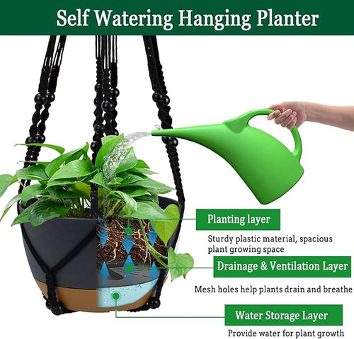 2 Pack Hanging Planters Set,10 Inch Indoor Outdoor Hanging Plant Pot Basket,Hanging Flower Pot with Drainage Hole with 3 Hooks for Garden Home… (Black Hanger Black Planters)