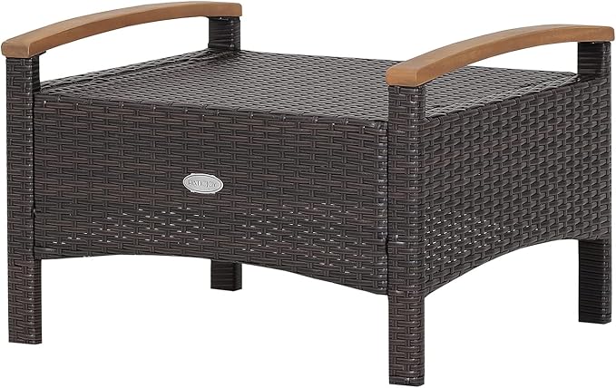 Tangkula 2 Piece Patio Rattan Ottomans, Outdoor Wicker Footstool w/Acacia Wood Handles, Soft Zippered Cushions, 3-in-1 Function Footstool Seat & Side Table for Backyard, Balcony, Poolside (Beige)