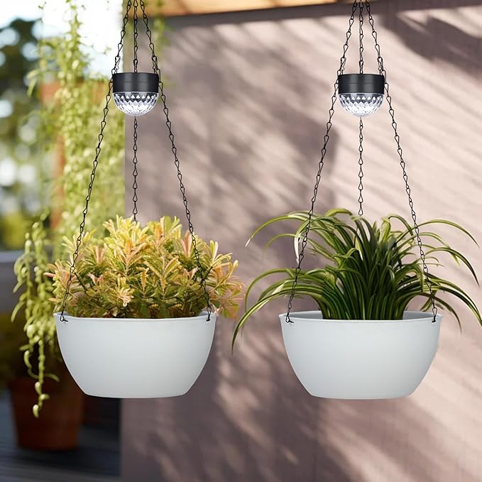 BAYN 2 Packs Solar Hanging Basket Planters for Plants Outdoor, Self Watering White Flower Plants Pots with Solar Light Drainer for Balcony Patio Garden Outdoor Decoration
