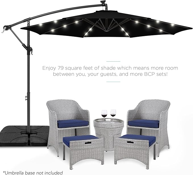 Best Choice Products 10ft Solar LED Offset Cantilever Hanging Market Patio Umbrella, 8 Sturdy Ribs, Easy Adjustment - Black
