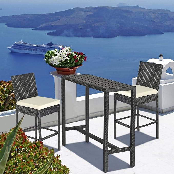 Bar Table 45 Inch Black Wicker Bar Height Patio Table, Poly Lumber Top