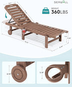 SERWALL Outdoor Chaise Lounge Set of 6, HDPE Pool Lounge Chair with 5-Position Adjustable Backrest, Patio Lounger with Rolling Wheels & Cup Holder for Pool, Brown