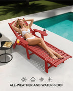 Carauci Lounge Chair Outdoor Set of 4, HDPE Chaise Lounge with Wheels, 5-Position Adjustable Backrest & 2 Cup Holders Patio Lounge Chair, All-Weather Pool Sun Lounger for Poolside, Backyard, Red