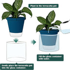 D'vine Dev 10 Inch Design Self Watering Planter for Indoor Plants, Blue Terracotta Pot with Cylinder Glass Cup, 37-X-D-4