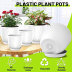 Plastic Plant Pots 10/9/8/7.5/7 inch Set of 5, Flower Planters with Drainage Holes and Saucers, Plastic Pots for Indoor Outdoor Plants, Livingroom Garden Decor (White)