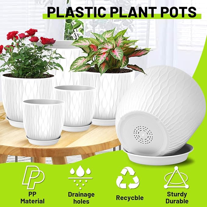 Plastic Plant Pots 10/9/8/7.5/7 inch Set of 5, Flower Planters with Drainage Holes and Saucers, Plastic Pots for Indoor Outdoor Plants, Livingroom Garden Decor (White)