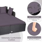 COSTWAY Outdoor Patio Rattan Daybed, Sponge Cushioned Loveseat Sofa with 4 Pillows, Wicker Furniture Sunbed for Balcony, Courtyard (Grey)