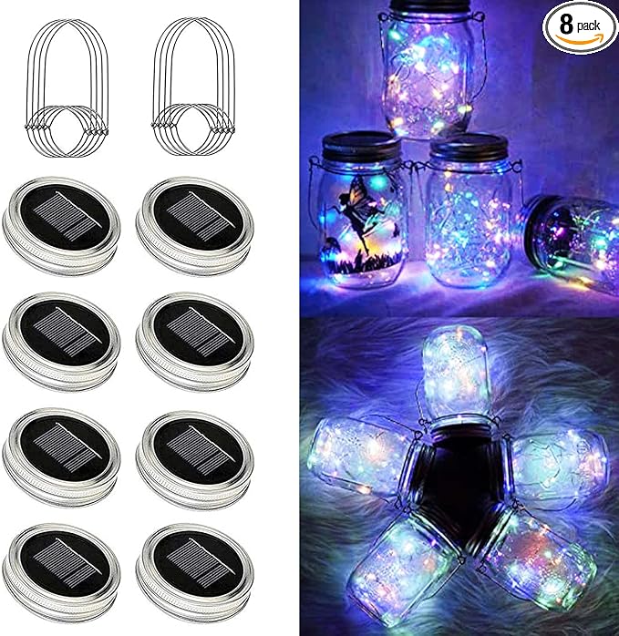 Solar String Lights Mason Jar Lids, 8 Pack, 30 LEDs, Multicolor