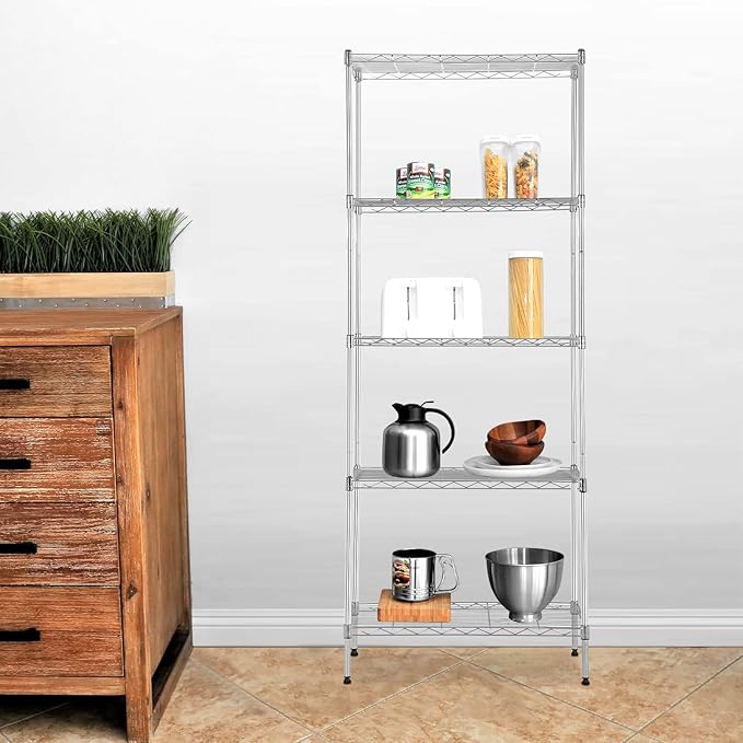 BestOffice | 5-Tier Wire Storage Shelves | 14x24x60 | Chrome | Heavy-Duty Metal Shelf, Holds Upto 750 lbs | No-Tool Assembly | Ideal for Home & Garage Shelving