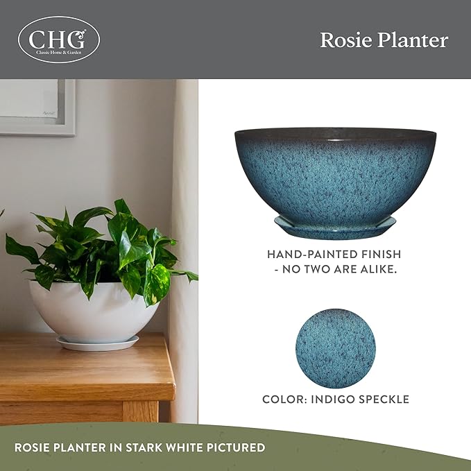 Classic Home and Garden Rosie Modern Planter w/Drainage - Contemporary Planter Bowls - Shallow Round Vases for Small Plants - Versatile Indoor & Outdoor Pots (10” Indigo Speckle)