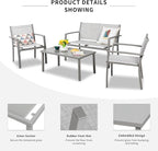 Shintenchi 4 Pieces Patio Furniture Set All Weather Textile Fabric Outdoor Conversation Set, with Glass Coffee Table, Loveseat, 2 Single Chairs for Home, Garden, Lawn, Porch（Silver）