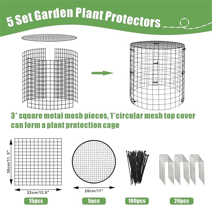 Plant Protector Cages with Removable Covers, Black, 5 Sets