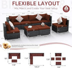 NICESOUL 8 Piece Modern Patio Couch Set, 29.3'' High Back Oversized Wicker Outdoor Sectional Furniture with Ottoman, Wide Seating Comfy Conversations for Backyard Deck, 2 Color Cushion Wine & Gray