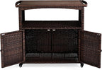 VINGLI Wicker Outdoor Bar Cart with Storage & Rolling Wheels, Patio Bar Table w/Shelf, Outdoor Storage Cabinet Buffet Cabinet Grill Cart for BBQ Pool Patio Kitchen, Brown