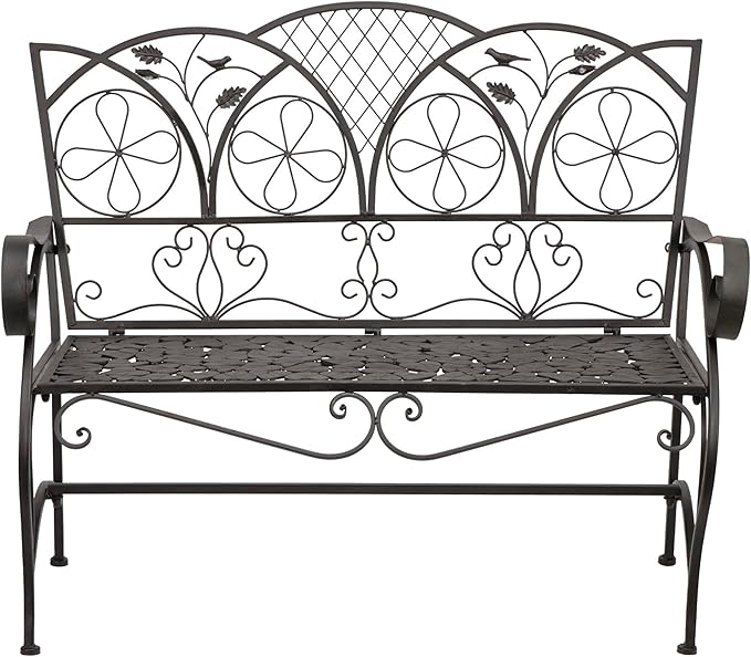 Alpine Corporation 45" Long Outdoor Metal Classic Bench with Stylish Patterns, Garden Furnitures - Brown