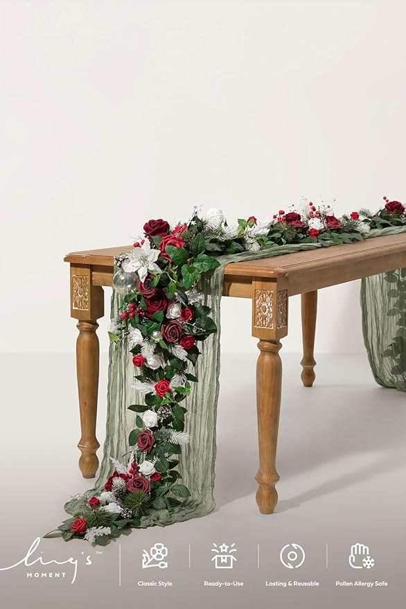 Artificial Eucalyptus Garland 6FT Red Table Runner with Willow Leaves