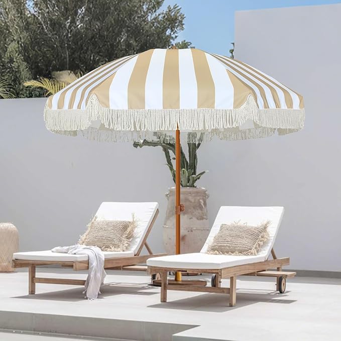 AMMSUN 7ft Patio Umbrella with Fringe Outdoor Tassel Umbrella UPF50+ Premium Steel Pole and Ribs Push Button Tilt, Stripe Beige