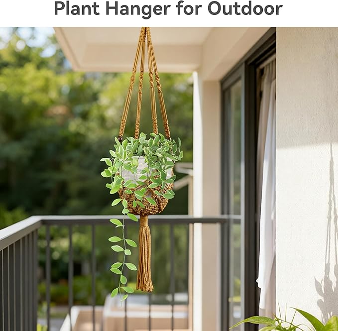 USLAI Macrame Plant Hanger Indoor Outdoor, Fits 3 to 6.5 inch Pots, Hanging Planter Holder with Beads and Tassels, Boho Home Decor, 35+35 Inch, Brown (POTS NOT Included)