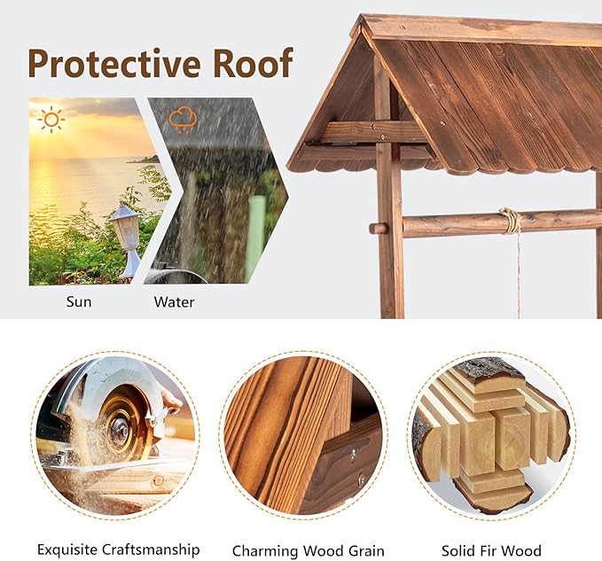 VINGLI Wooden Wishing Well Outdoor Planters, Well Covers for Yard with 4 Reinforced Rods, Height Adjustable Hanging Bucket, Rustic Flower Pot Home Decor for Outside Patio Garden