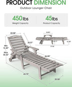 Chaise Lounge Outdoor, Lounge Chair Outdoor with Wood Texture, Adjustable 5-Position Backrest, HDPE Lounge Chair with Wheels & Cup Holder for Pool Deck Backyard, Light Grey