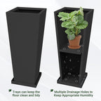 Tall Planters 30" H - 2 Pack, Tapered Pots with Drainage Insert Shelve & Trays, Metal Outdoor Planter Box for Porch, Garden, Patio, Yard (Black)