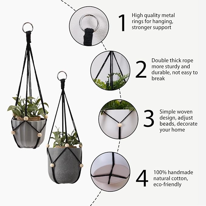 Artilady Black Hanging Planter for Indoor Plants Macrame Plant Hanger Large Hanging Plant Holder Basket with Adjustable Beads Outdoor Window Boho Plant Wall Decor (Black Bead-2pcs)