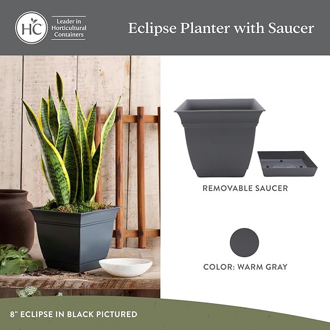 The HC Companies 8 Inch Eclipse Square Planter Pots with Drainage Holes & Attached Saucer, Lightweight UV-Resistant Plastic Indoor Outdoor Planters, 4-Pack Flower Pots for Garden Home Decor, Warm Gray