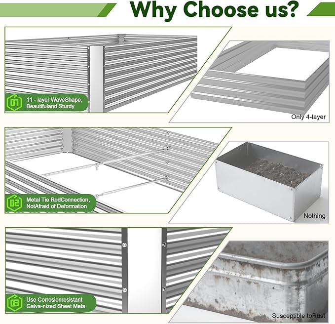 3 Pack Raised Beds for Gardening, Corrugated Galvanized Steel Raised Garden Bed, Outdoor Metal Above Ground Garden Bed for Vegetables and Flowers-36x18Inch(Rectangular)