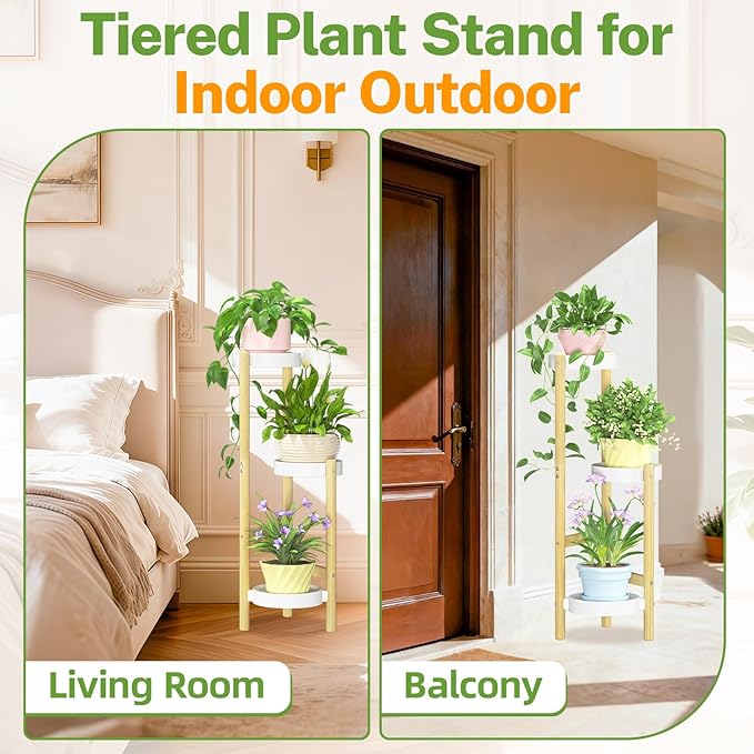 iDavosic.ly 3 Tier Bamboo Plant Stand Indoor Outdoor with Plastic Tray, Tiered Corner Flower Holder Shelf, Space Saving Orchid Display Rack for Patio Porch Living Room Garden Balcony, Natural White