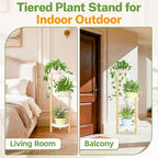 iDavosic.ly 3 Tier Bamboo Plant Stand Indoor Outdoor with Plastic Tray, Tiered Corner Flower Holder Shelf, Space Saving Orchid Display Rack for Patio Porch Living Room Garden Balcony, Natural White