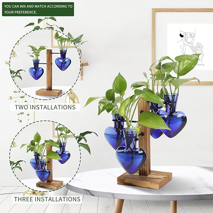 Terrarium Propagation Station, Heart Glass Vase with Wood Stand, Deep Blue