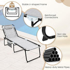 GYMAX Lounge Chairs for Outside, Extra High Folding Beach Tanning Lounger with Adjustable Backrest, Footrest & Removable Pillow, Sunbathing Lounge for Patio, Poolside (1, Grey with Pocket)
