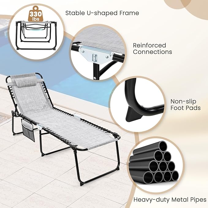 GYMAX Lounge Chairs for Outside, Extra High Folding Beach Tanning Lounger with Adjustable Backrest, Footrest & Removable Pillow, Sunbathing Lounge for Patio, Poolside (2, Grey with Pocket)