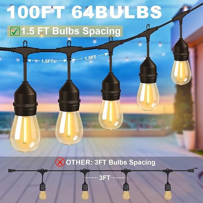 String Lights, 100FT Outdoor with 64 Warm Yellow LED Bulbs