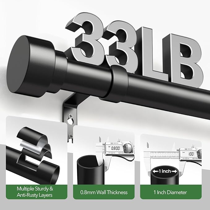 2 Pack Curtain Rods for Windows 28 to 48, 1 Inch Adjustable Black Heavy Duty Window Curtain Rod for Bedroom Living Room, Modern Drapery Rods with End Caps, Size 32"-60"