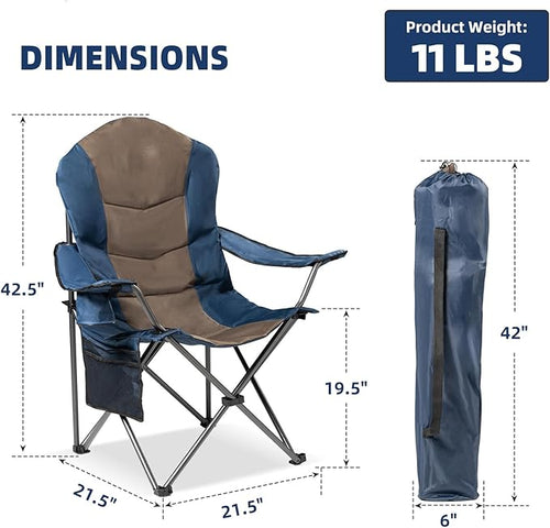 2 Pack Folding Camping Chairs for Adults - High Back Padded Outdoor Lawn Chairs with Lumbar Support & Cup Holder, 400lbs Heavy Duty Portable Camping Chairs Set (Blue & Brown, 2 PCS)
