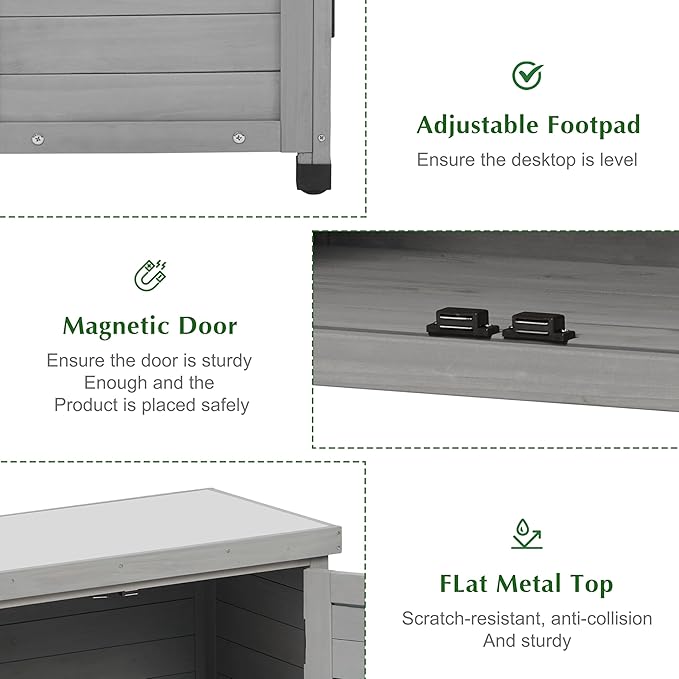 Outdoor Storage Cabinet & Potting Bench Table with Metal Top, Wooden Patio Furniture, Garden Workstation (Classic Grey, 36x31x17in)