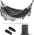 JoyView Boho Macrame Double Hammock with Hanging Ropes & Elegant Tassels 86.6x59 Portable Cotton Hammock for Patio Backyard Porch 450LBS Weight Capacity Perfect for Outdoor/Indoor - Dark Grey