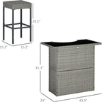 Outsunny 5 Piece Wicker Outdoor Bar Set, High Top Outdoor Table and Chairs, Bar Height Patio Set with Glass Table Top 2 Tier Storage Shelf and 4 Bar Stools for Garden, Poolside, Gray