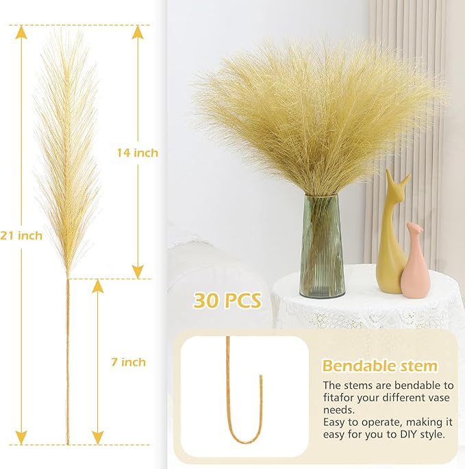 Faux Pampas Grass Stems, 30 Pcs Gold Silk Artificial Greenery